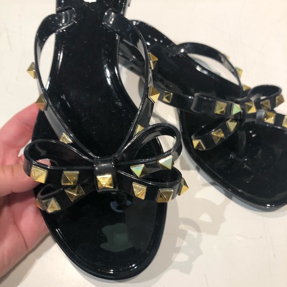 PVC Rockstud Black Flats Sandals - Picture 2 of 3